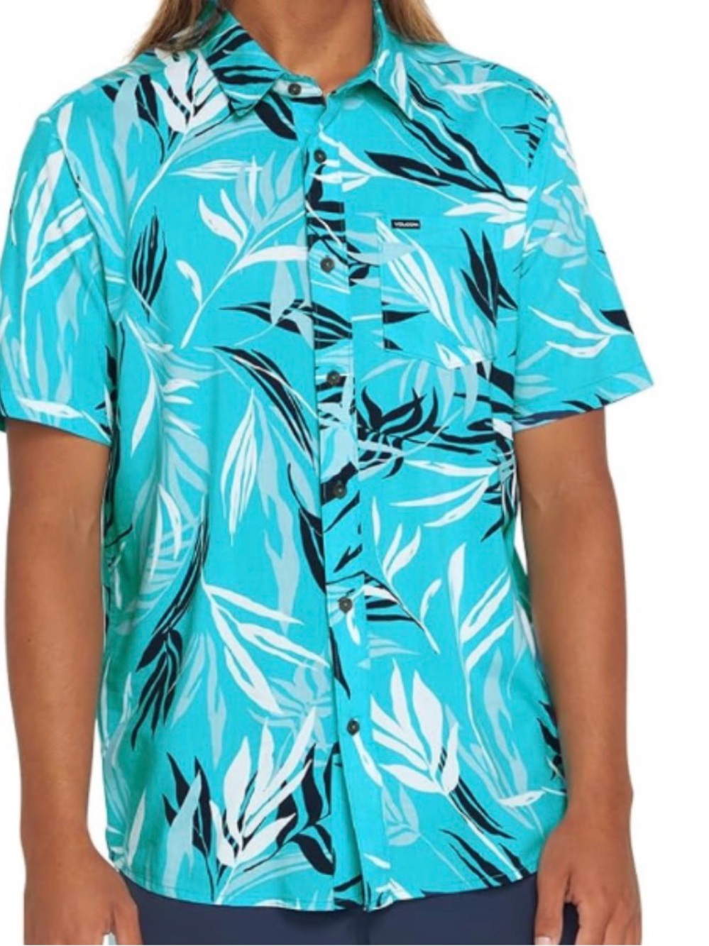 Volcom Turquoise Leaf Print Short Sleeve Button-Down